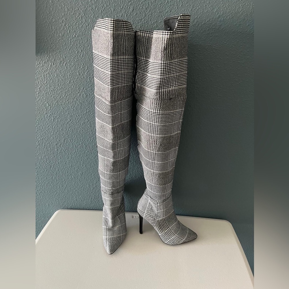 Olivia Miller Black and White Plaid Over the Knee Boots